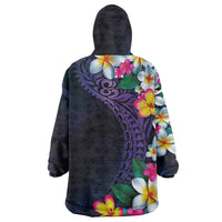 Hawaiian Plumeria-Polynesian Art Tattoo Frosted Blue Violet Color Wearable Blanket Hoodie