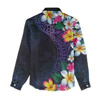 Hawaiian Plumeria-Polynesian Art Tattoo Frosted Blue Violet Color Women Casual Shirt