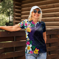 Hawaiian Plumeria-Polynesian Art Tattoo Frosted Blue Violet Color Women Polo Shirt