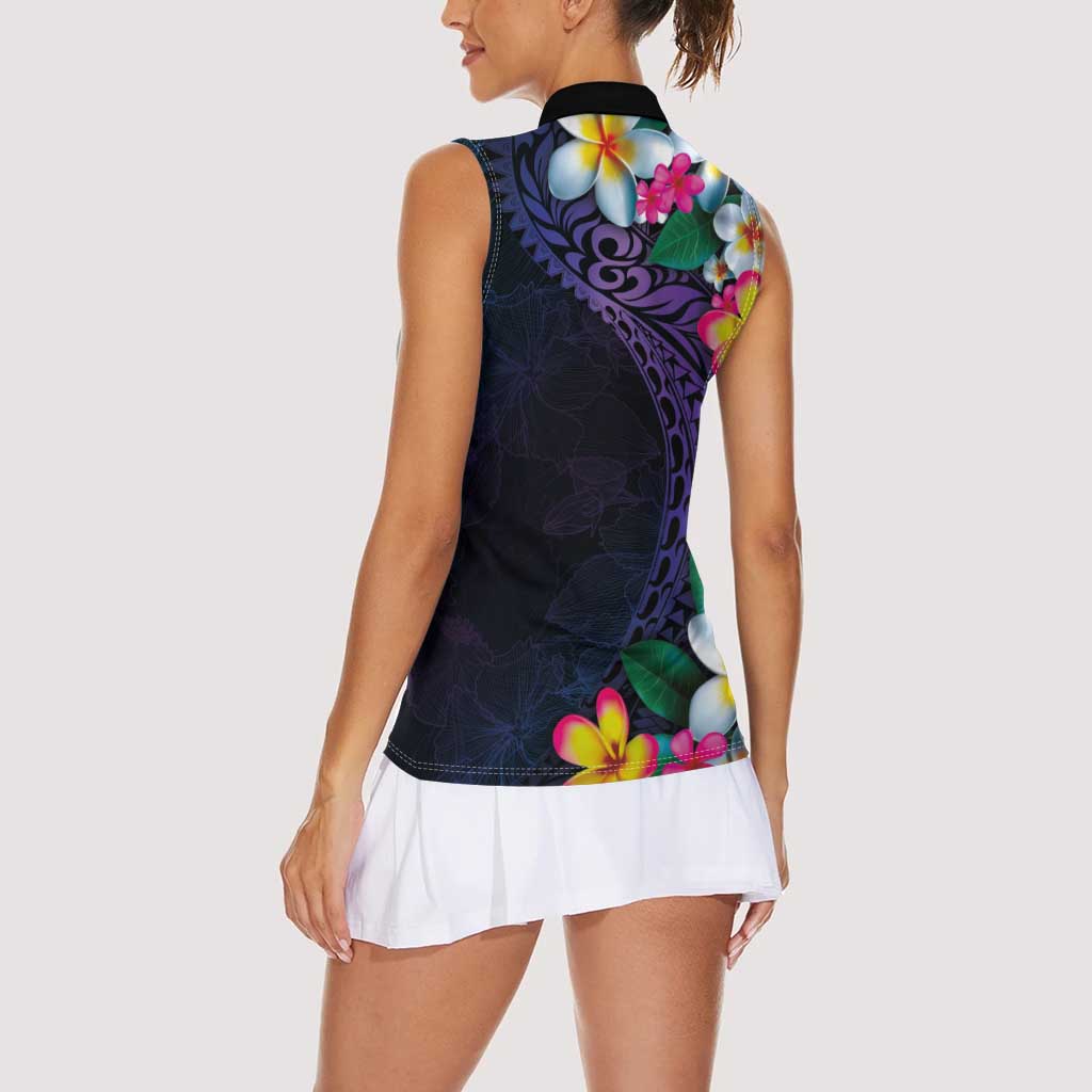 Hawaiian Plumeria-Polynesian Art Tattoo Frosted Blue Violet Color Women Sleeveless Polo Shirt