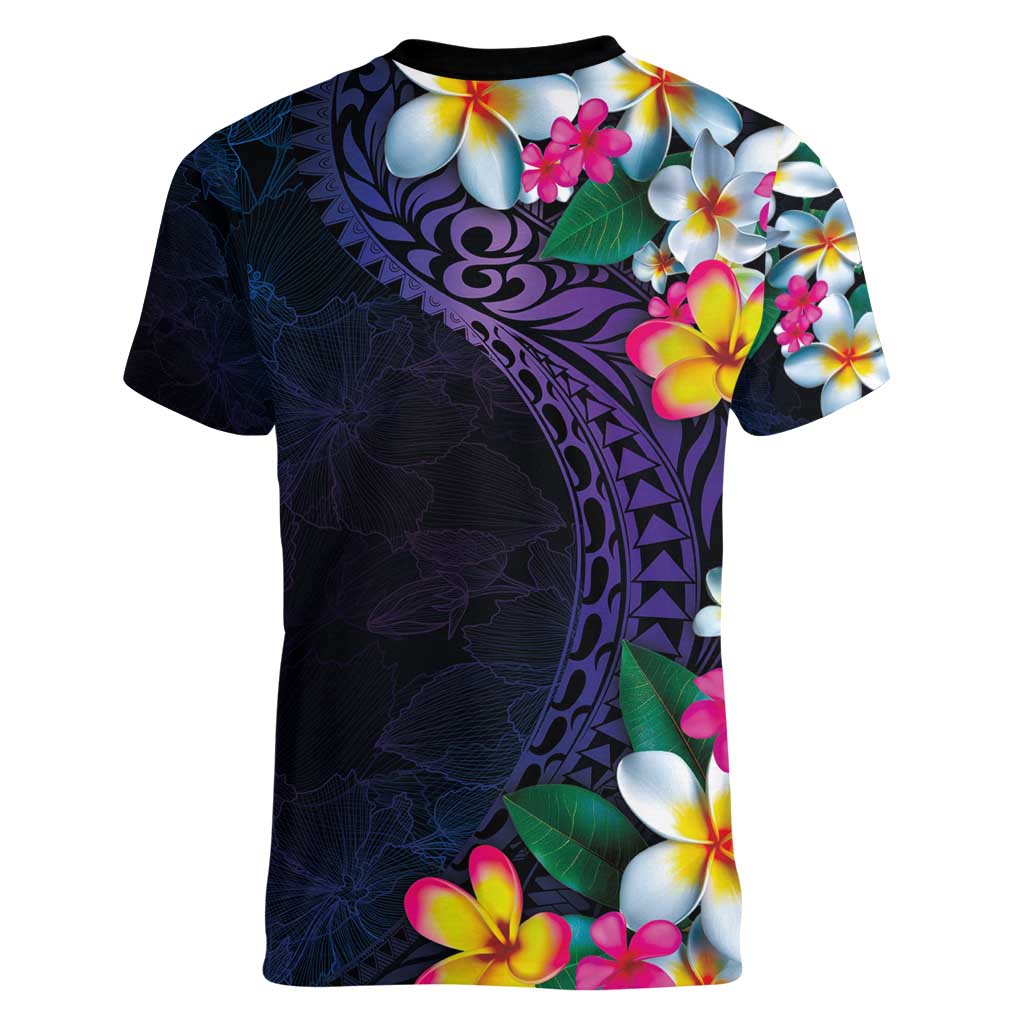Hawaiian Plumeria-Polynesian Art Tattoo Frosted Blue Violet Color Women V-Neck T-Shirt