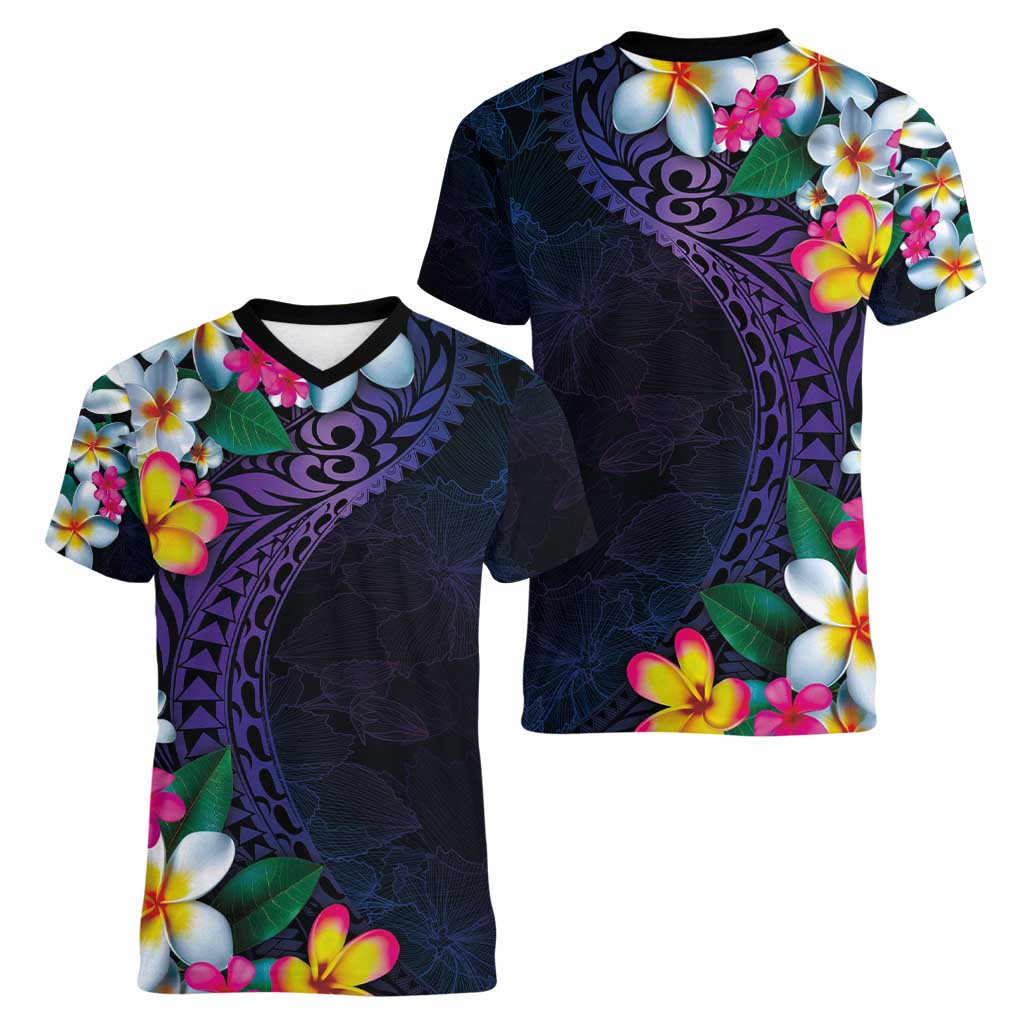Hawaiian Plumeria-Polynesian Art Tattoo Frosted Blue Violet Color Women V-Neck T-Shirt