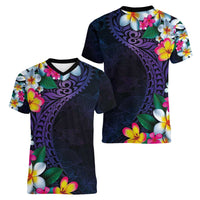 Hawaiian Plumeria-Polynesian Art Tattoo Frosted Blue Violet Color Women V-Neck T-Shirt