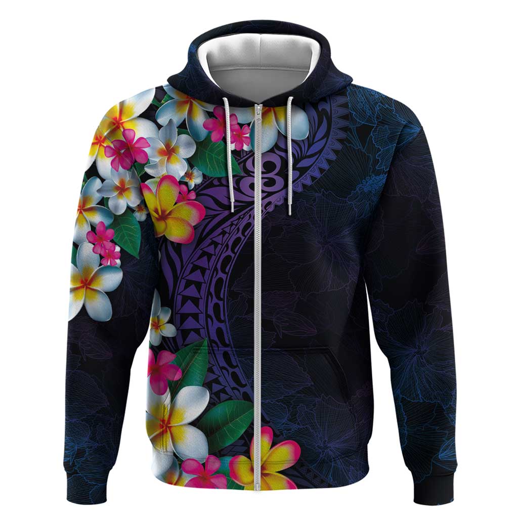 Hawaiian Plumeria-Polynesian Art Tattoo Frosted Blue Violet Color Zip Hoodie LT03 Zip Hoodie Blue - Polynesian Pride