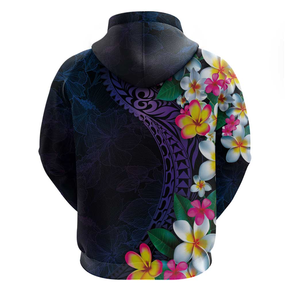 Hawaiian Plumeria-Polynesian Art Tattoo Frosted Blue Violet Color Zip Hoodie