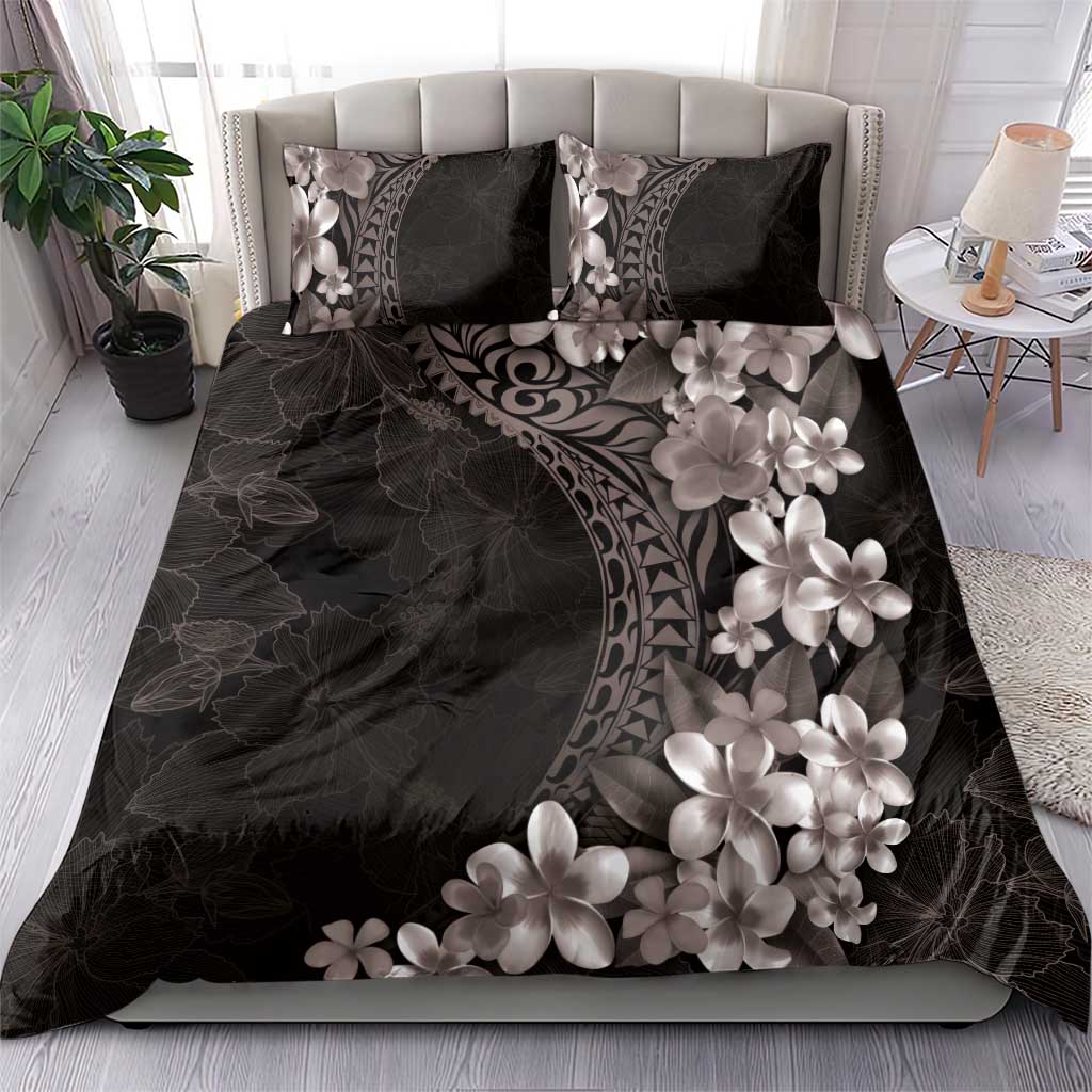 Hawaiian Plumeria-Polynesian Art Tattoo Grayscale Color Bedding Set