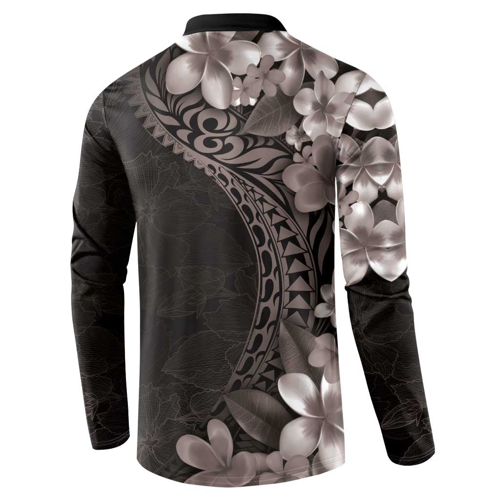Hawaiian Plumeria-Polynesian Art Tattoo Grayscale Color Button Sweatshirt