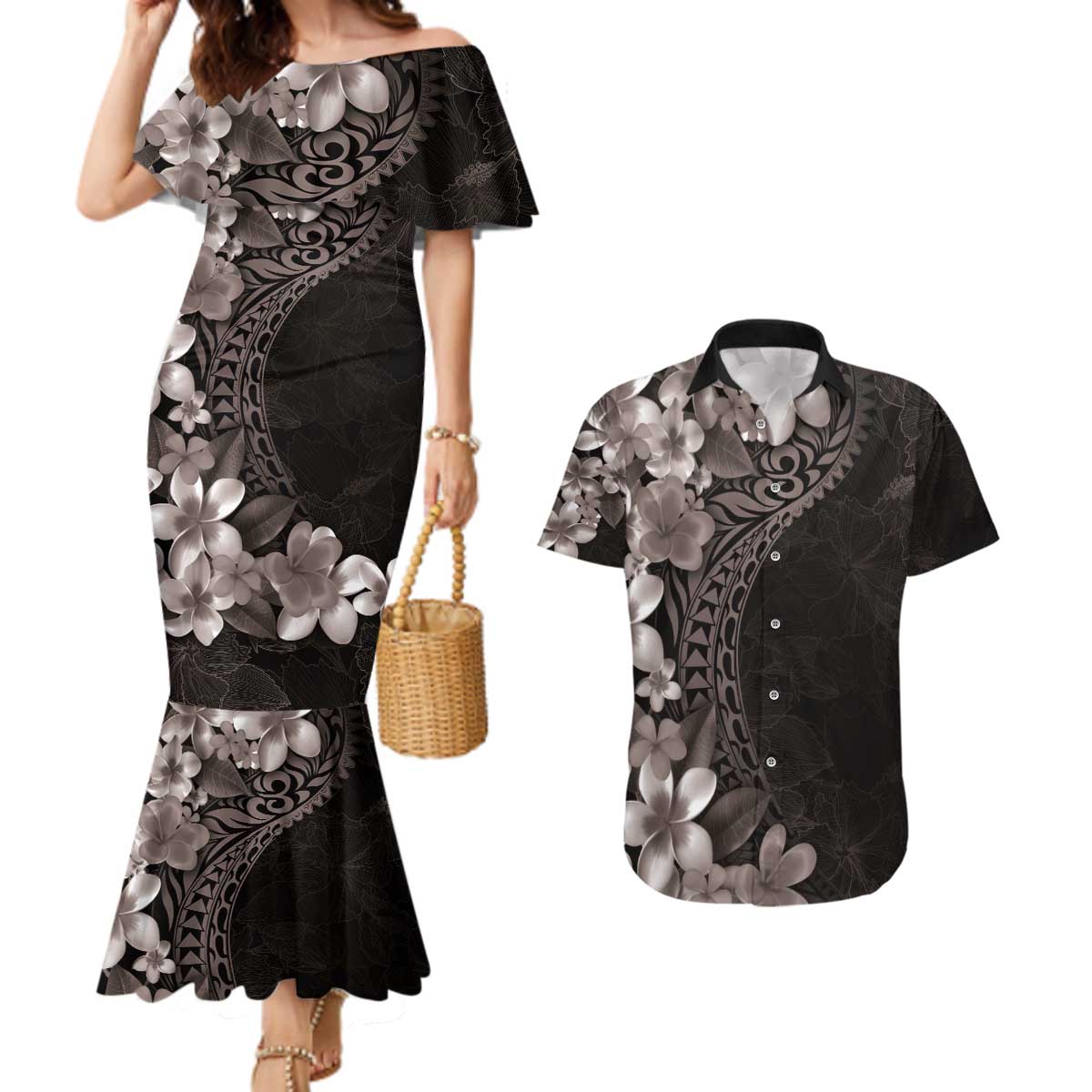 Hawaiian Plumeria-Polynesian Art Tattoo Grayscale Color Couples Matching Mermaid Dress and Hawaiian Shirt LT03 Gray - Polynesian Pride