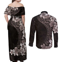 Hawaiian Plumeria-Polynesian Art Tattoo Grayscale Color Couples Matching Off Shoulder Maxi Dress and Long Sleeve Button Shirt