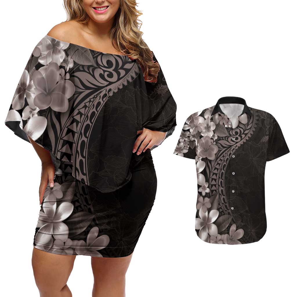 Hawaiian Plumeria-Polynesian Art Tattoo Grayscale Color Couples Matching Off Shoulder Short Dress and Hawaiian Shirt LT03 Gray - Polynesian Pride