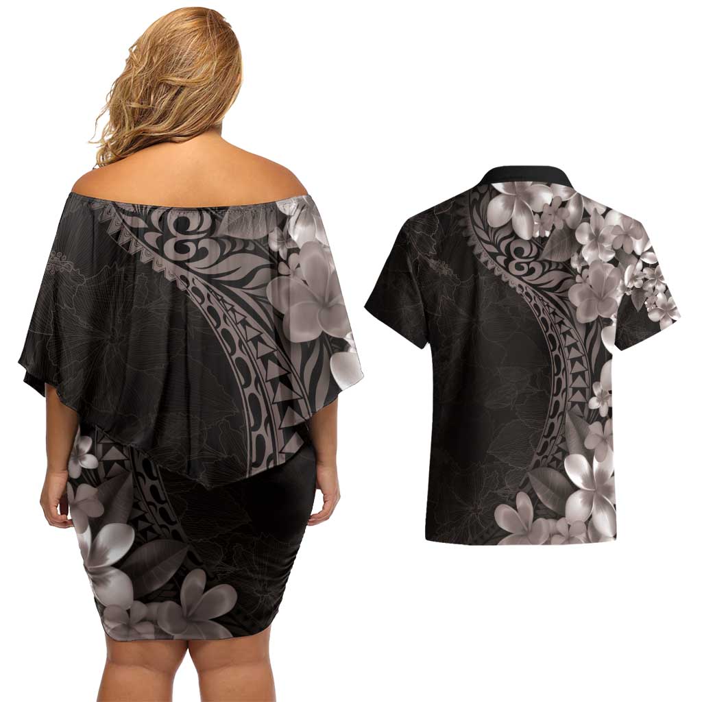 Hawaiian Plumeria-Polynesian Art Tattoo Grayscale Color Couples Matching Off Shoulder Short Dress and Hawaiian Shirt