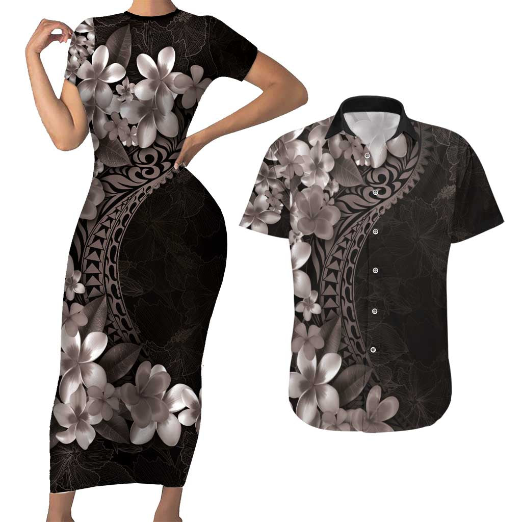 Hawaiian Plumeria-Polynesian Art Tattoo Grayscale Color Couples Matching Short Sleeve Bodycon Dress and Hawaiian Shirt LT03 Gray - Polynesian Pride