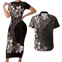 Hawaiian Plumeria-Polynesian Art Tattoo Grayscale Color Couples Matching Short Sleeve Bodycon Dress and Hawaiian Shirt
