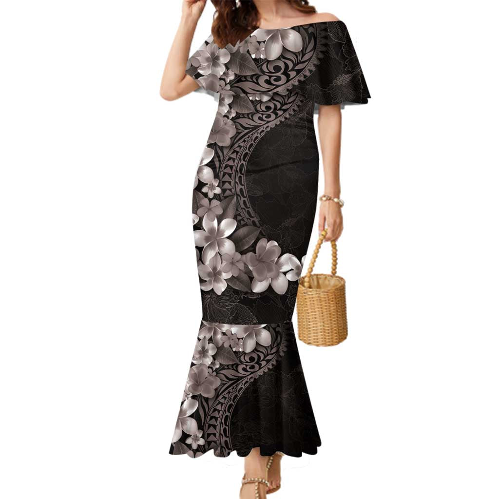 Hawaiian Plumeria-Polynesian Art Tattoo Grayscale Color Family Matching Mermaid Dress and Hawaiian Shirt