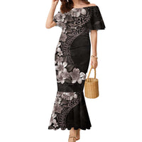 Hawaiian Plumeria-Polynesian Art Tattoo Grayscale Color Family Matching Mermaid Dress and Hawaiian Shirt