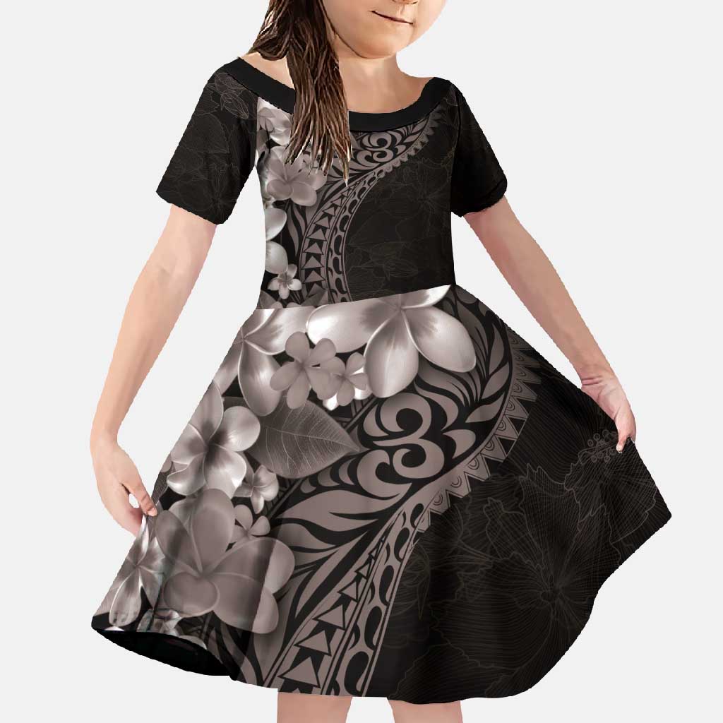 Hawaiian Plumeria-Polynesian Art Tattoo Grayscale Color Family Matching Off Shoulder Maxi Dress and Hawaiian Shirt