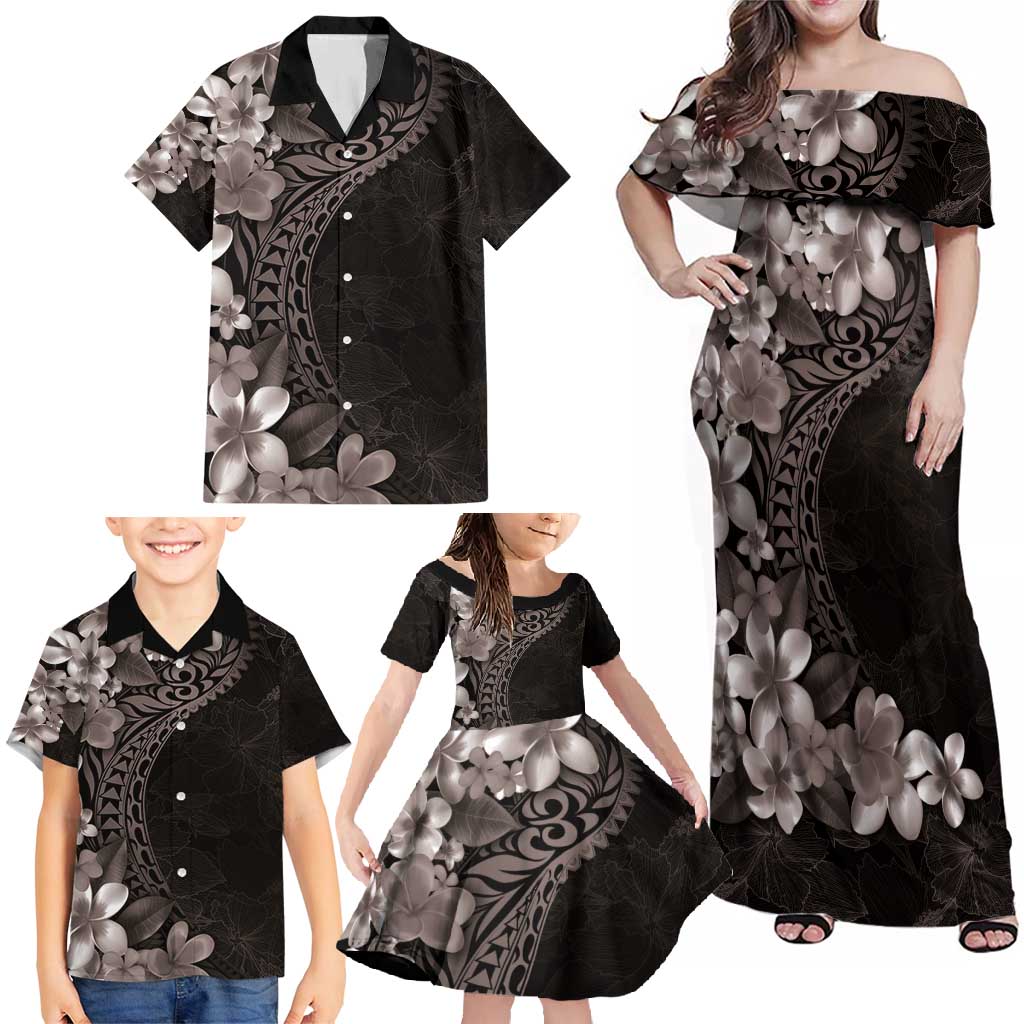 Hawaiian Plumeria-Polynesian Art Tattoo Grayscale Color Family Matching Off Shoulder Maxi Dress and Hawaiian Shirt