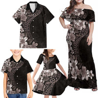 Hawaiian Plumeria-Polynesian Art Tattoo Grayscale Color Family Matching Off Shoulder Maxi Dress and Hawaiian Shirt