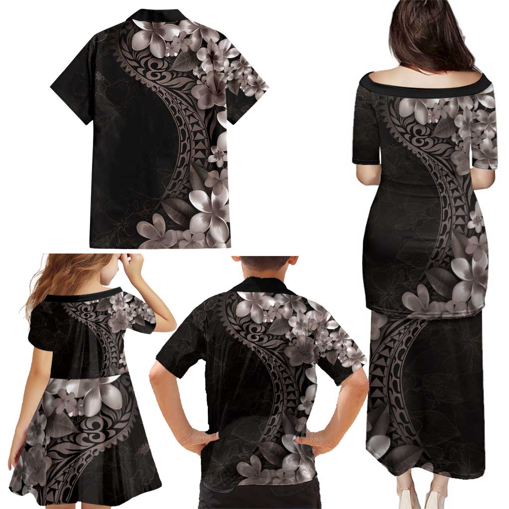 Hawaiian Plumeria-Polynesian Art Tattoo Grayscale Color Family Matching Puletasi and Hawaiian Shirt
