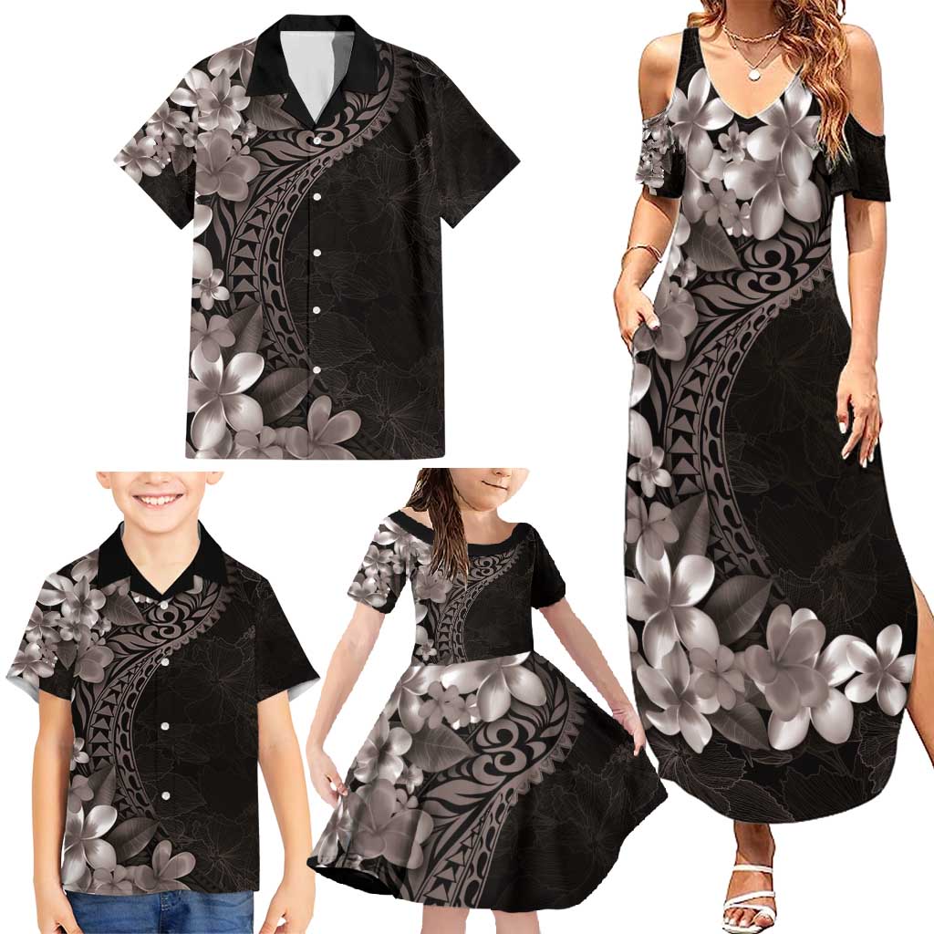 Hawaiian Plumeria-Polynesian Art Tattoo Grayscale Color Family Matching Summer Maxi Dress and Hawaiian Shirt
