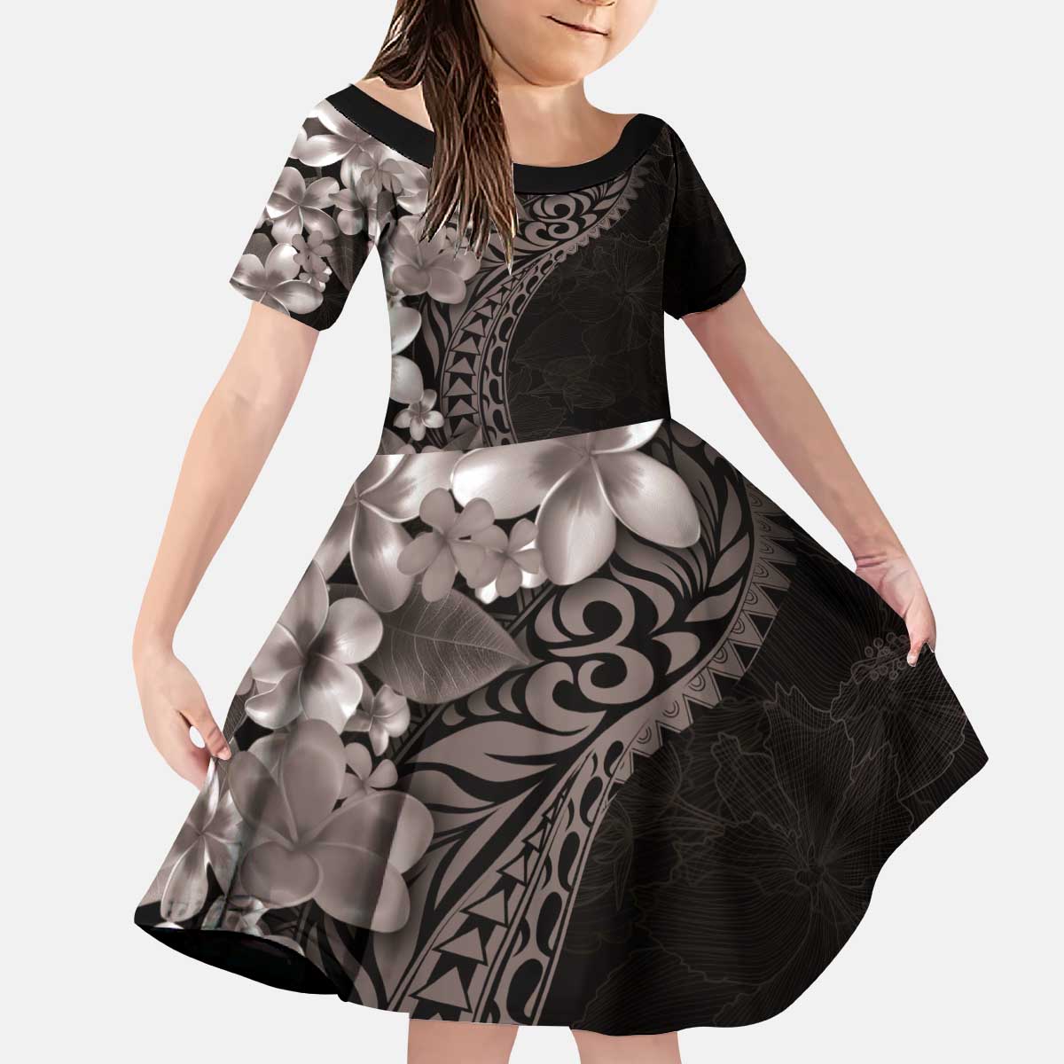 Hawaiian Plumeria-Polynesian Art Tattoo Grayscale Color Kid Short Sleeve Dress