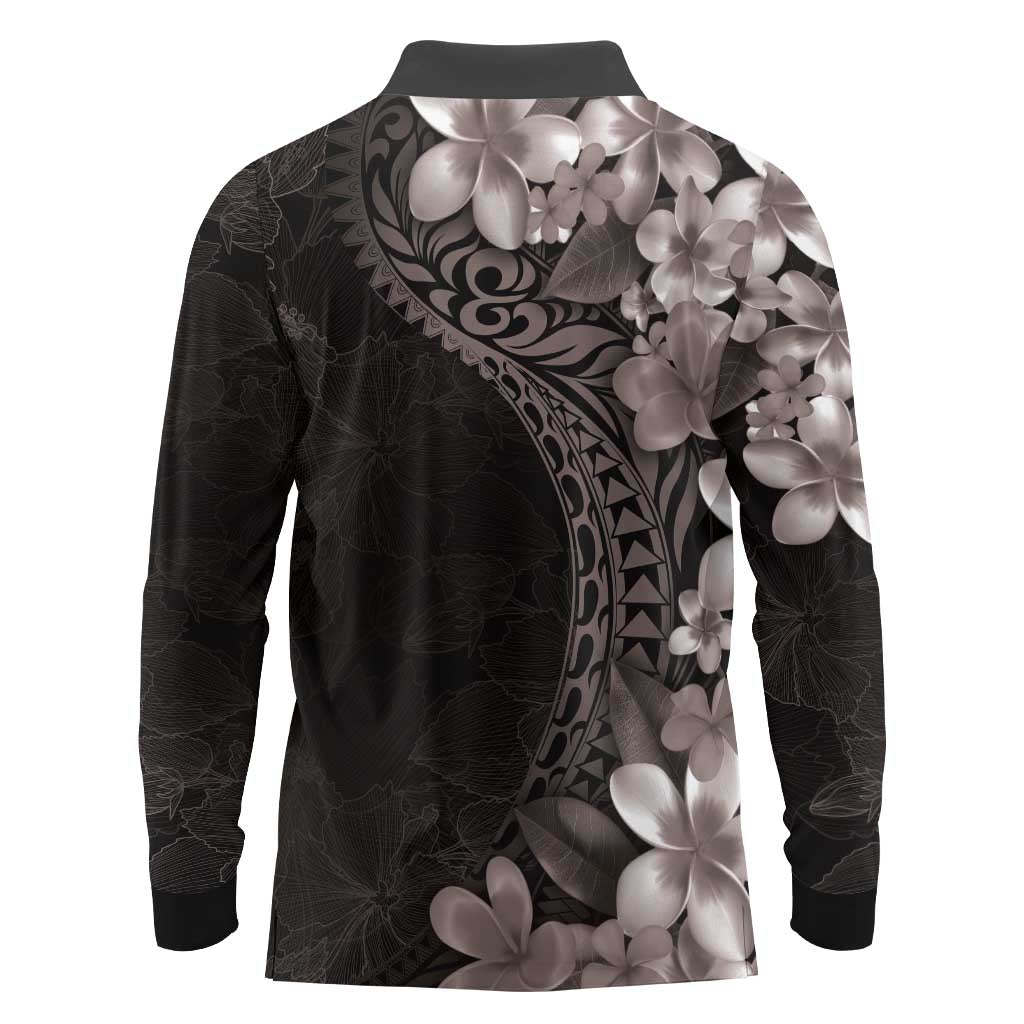 Hawaiian Plumeria-Polynesian Art Tattoo Grayscale Color Long Sleeve Polo Shirt