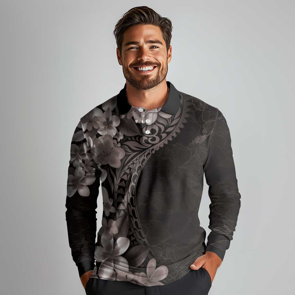 Hawaiian Plumeria-Polynesian Art Tattoo Grayscale Color Long Sleeve Polo Shirt