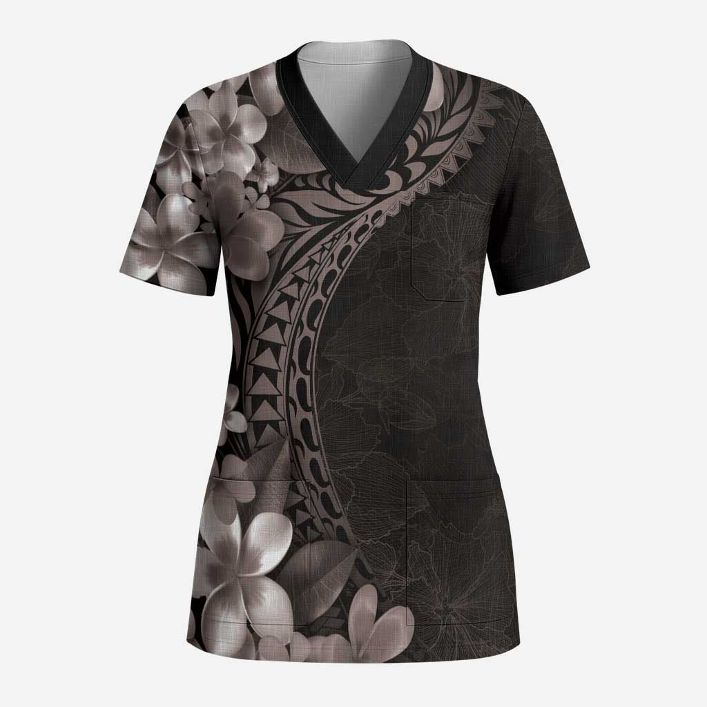 Hawaiian Plumeria-Polynesian Art Tattoo Grayscale Color Scrub Top LT03 Adult Gray - Polynesian Pride