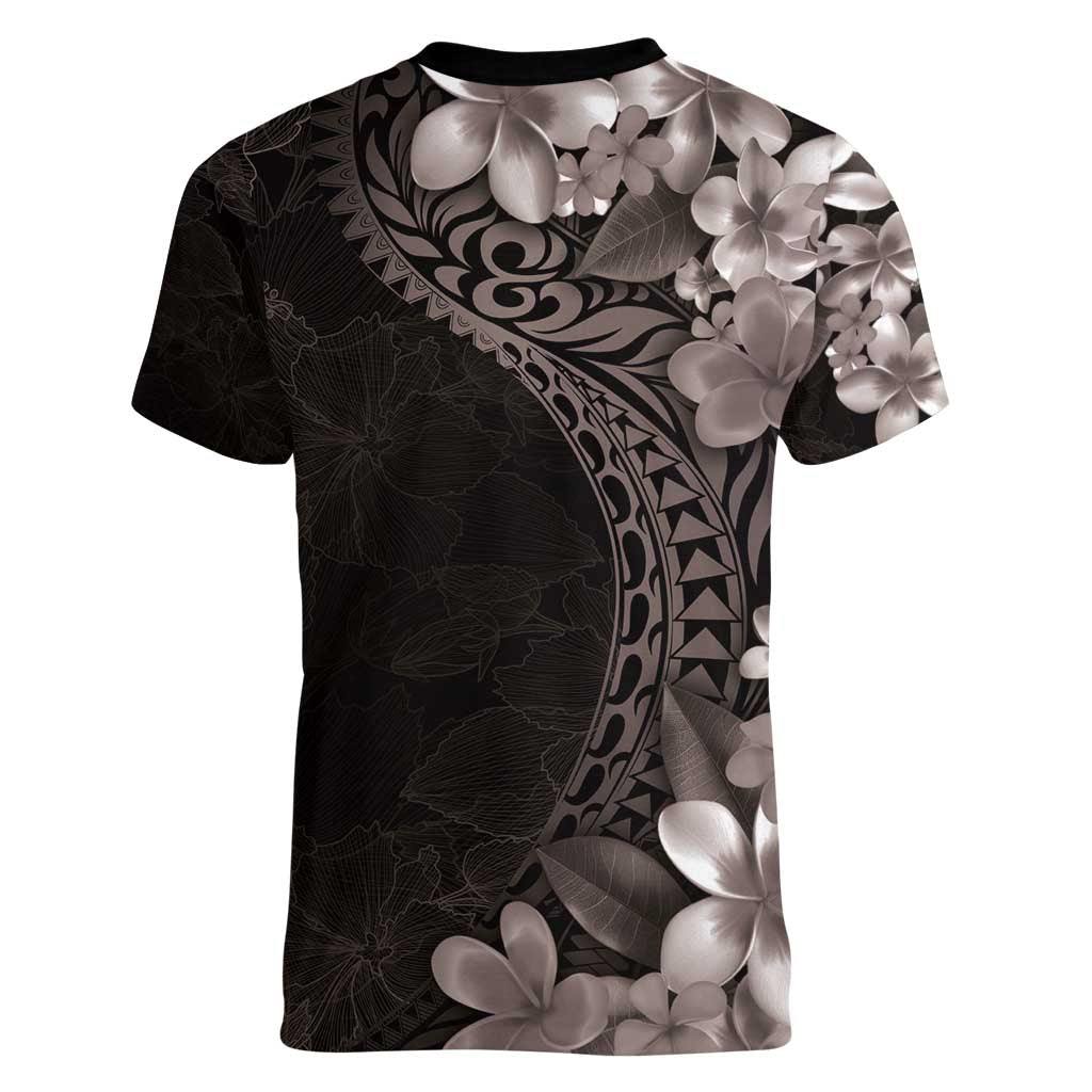 Hawaiian Plumeria-Polynesian Art Tattoo Grayscale Color Women V-Neck T-Shirt