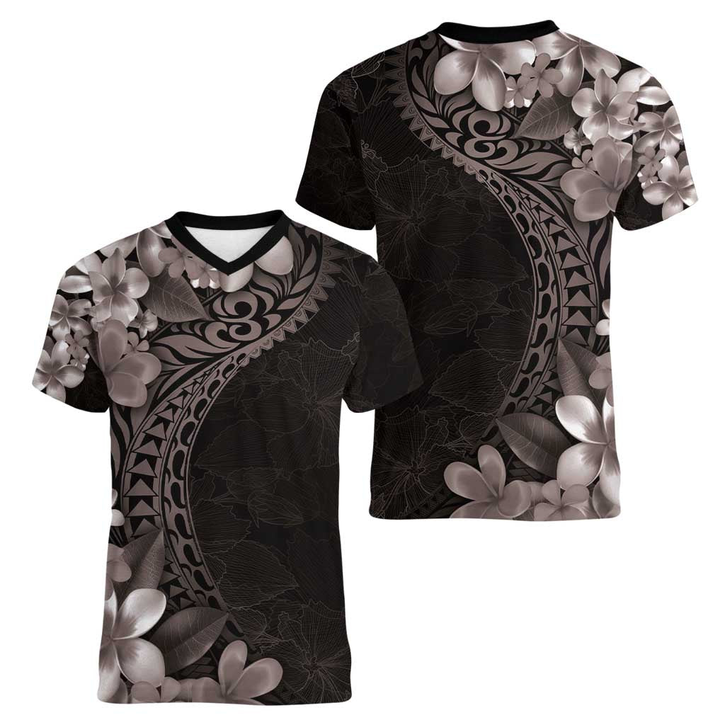 Hawaiian Plumeria-Polynesian Art Tattoo Grayscale Color Women V-Neck T-Shirt