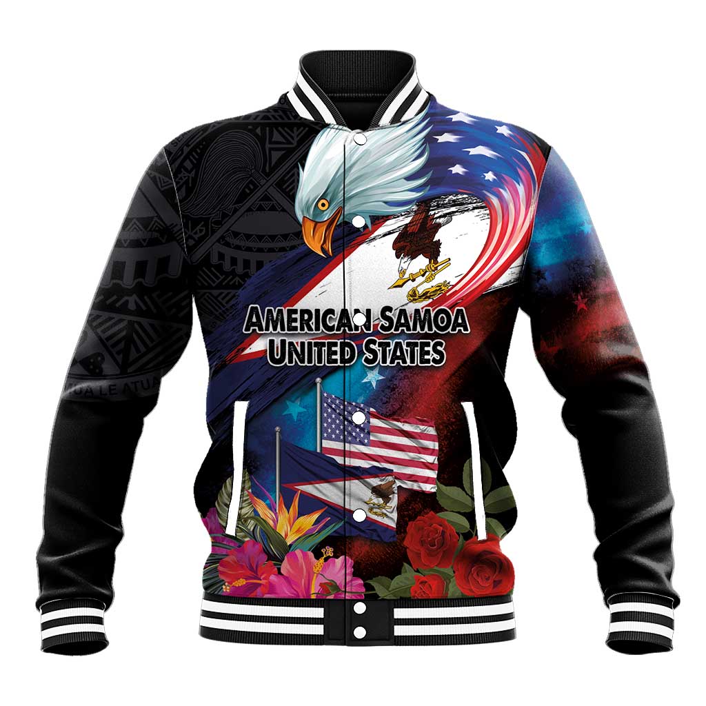 American Samoa and United States Together Baseball Jacket National Flag with Eagle-Hibiscus and Rose LT03 Unisex Black - Polynesian Pride