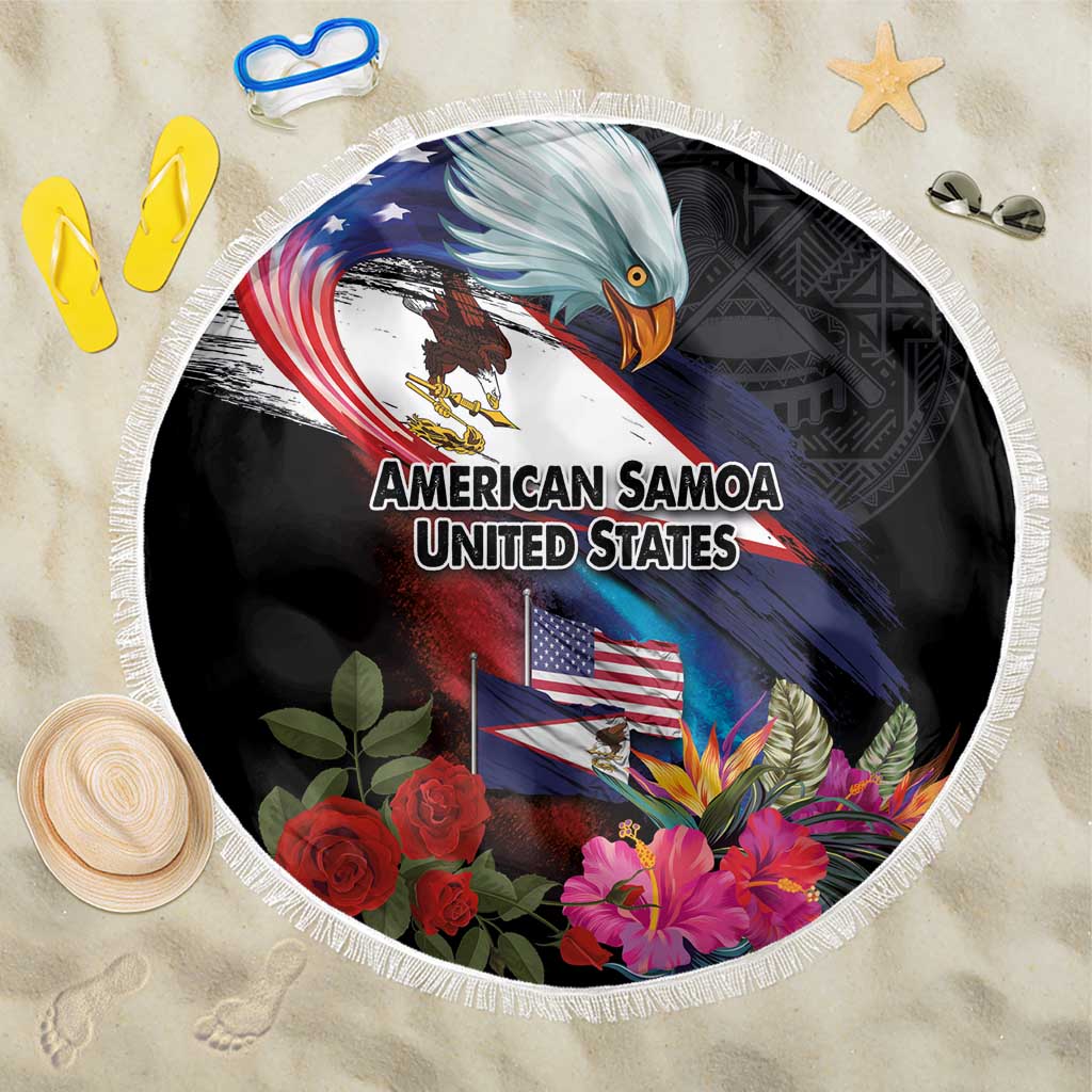 American Samoa and United States Together Beach Blanket National Flag with Eagle-Hibiscus and Rose LT03 One Size 150cm Black - Polynesian Pride