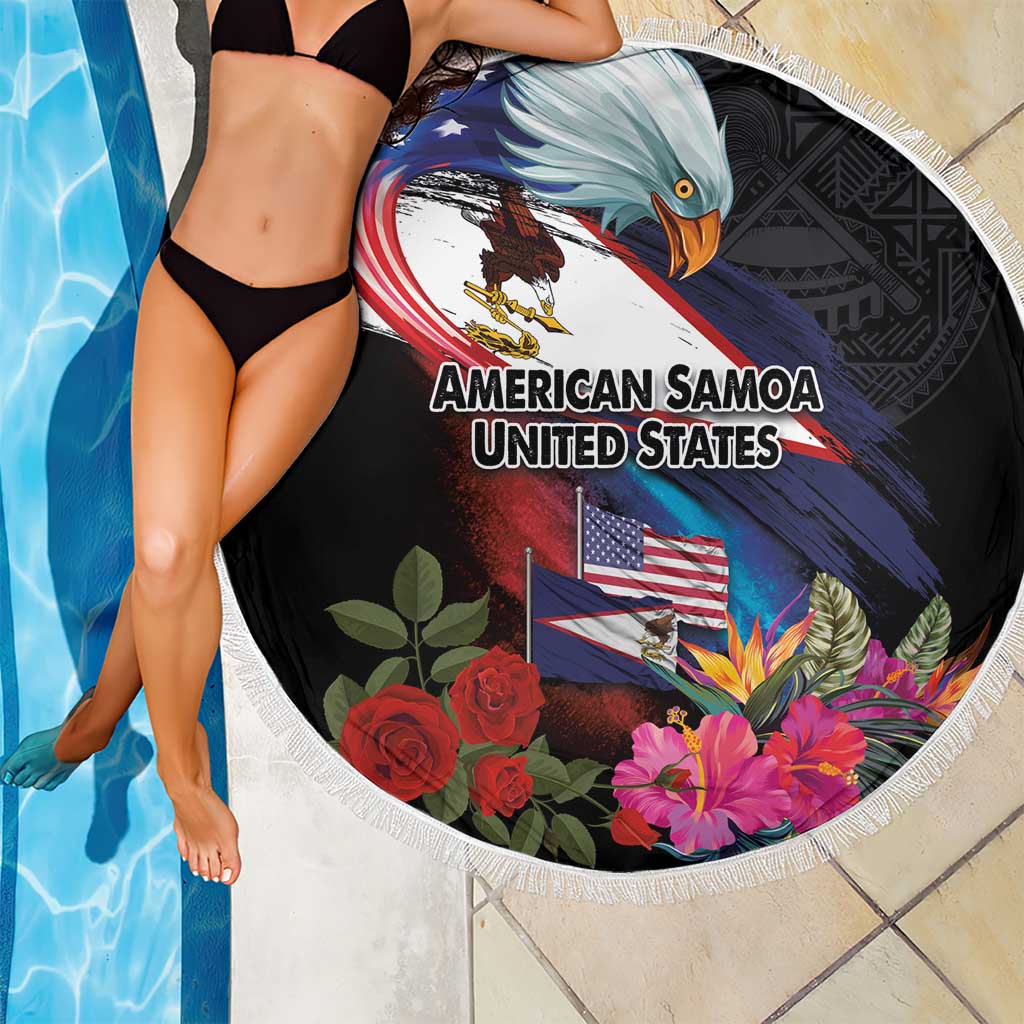 American Samoa and United States Together Beach Blanket National Flag with Eagle-Hibiscus and Rose