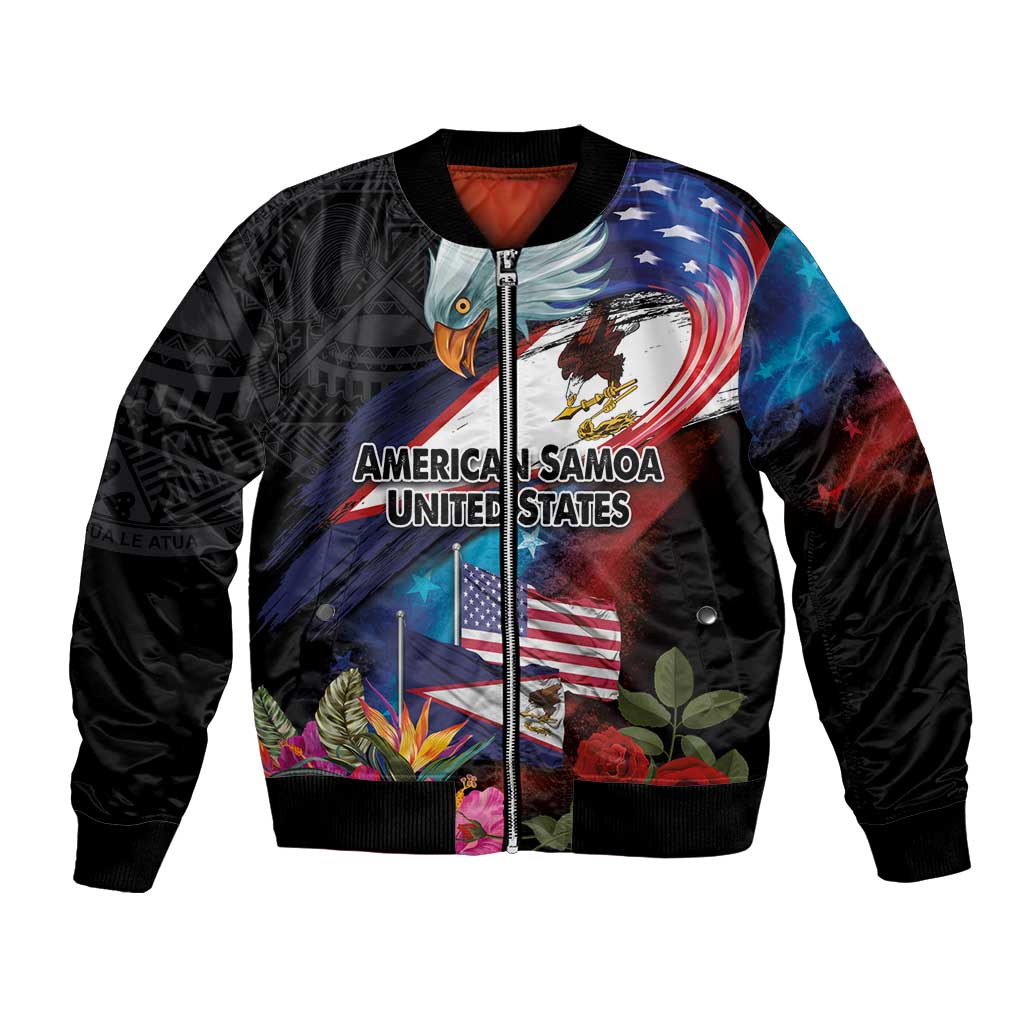 American Samoa and United States Together Bomber Jacket National Flag with Eagle-Hibiscus and Rose LT03 Unisex Black - Polynesian Pride