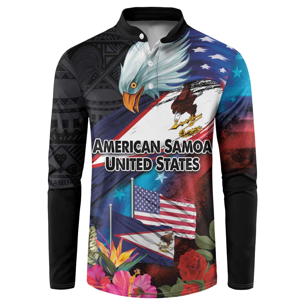 American Samoa and United States Together Button Sweatshirt National Flag with Eagle-Hibiscus and Rose LT03 Black - Polynesian Pride
