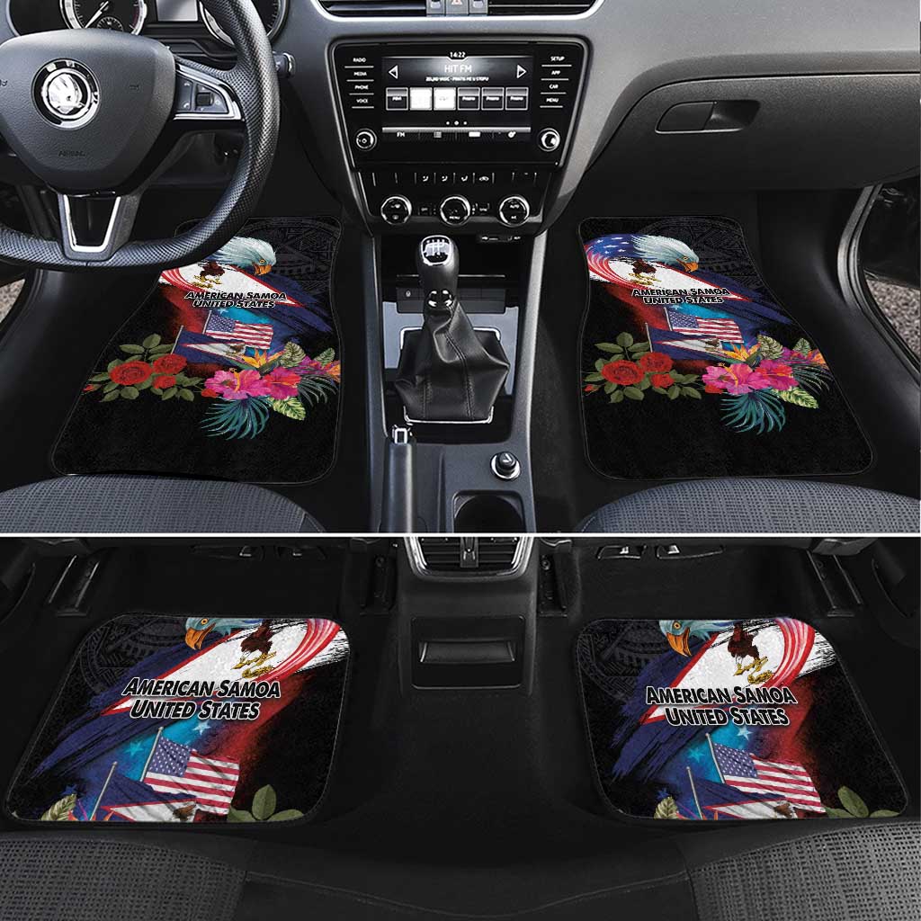 American Samoa and United States Together Car Mats National Flag with Eagle-Hibiscus and Rose LT03 Set 4pcs Black - Polynesian Pride