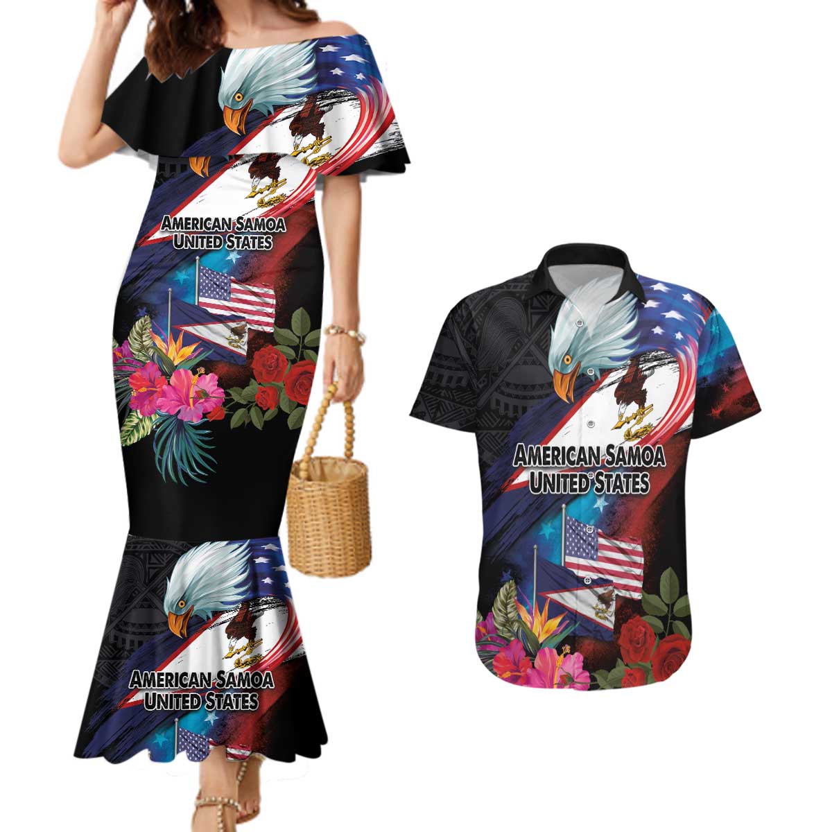 American Samoa and United States Together Couples Matching Mermaid Dress and Hawaiian Shirt National Flag with Eagle-Hibiscus and Rose LT03 Black - Polynesian Pride