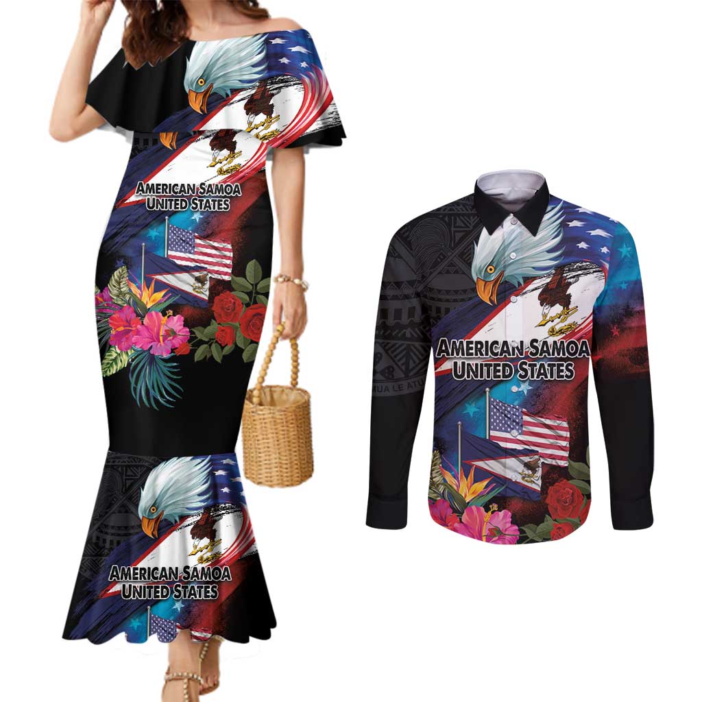 American Samoa and United States Together Couples Matching Mermaid Dress and Long Sleeve Button Shirt National Flag with Eagle-Hibiscus and Rose LT03 Black - Polynesian Pride