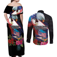 American Samoa and United States Together Couples Matching Off Shoulder Maxi Dress and Long Sleeve Button Shirt National Flag with Eagle-Hibiscus and Rose