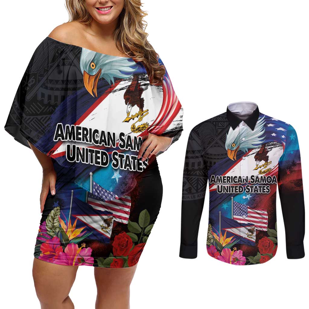 American Samoa and United States Together Couples Matching Off Shoulder Short Dress and Long Sleeve Button Shirt National Flag with Eagle-Hibiscus and Rose LT03 Black - Polynesian Pride