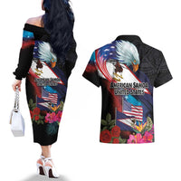 American Samoa and United States Together Couples Matching Off The Shoulder Long Sleeve Dress and Hawaiian Shirt National Flag with Eagle-Hibiscus and Rose