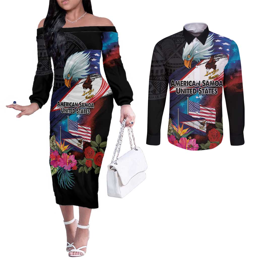 American Samoa and United States Together Couples Matching Off The Shoulder Long Sleeve Dress and Long Sleeve Button Shirt National Flag with Eagle-Hibiscus and Rose LT03 Black - Polynesian Pride
