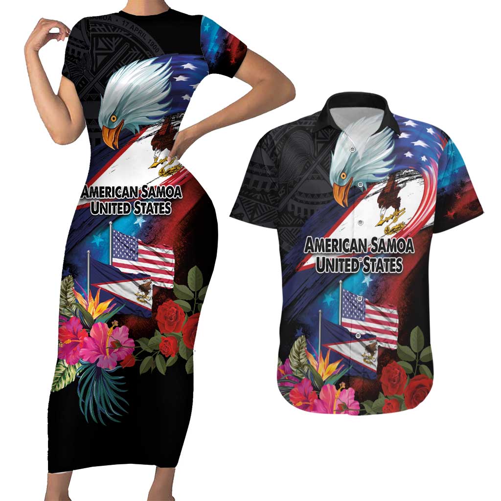 American Samoa and United States Together Couples Matching Short Sleeve Bodycon Dress and Hawaiian Shirt National Flag with Eagle-Hibiscus and Rose LT03 Black - Polynesian Pride