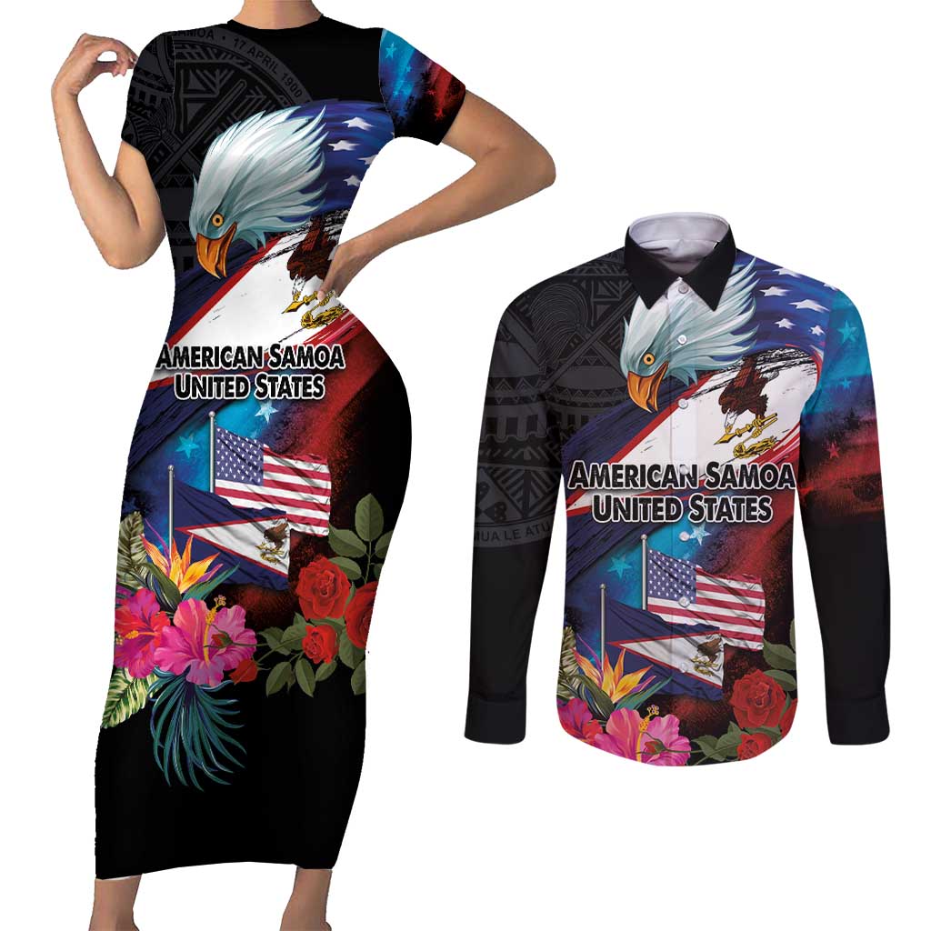 American Samoa and United States Together Couples Matching Short Sleeve Bodycon Dress and Long Sleeve Button Shirt National Flag with Eagle-Hibiscus and Rose LT03 Black - Polynesian Pride