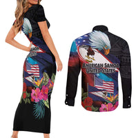 American Samoa and United States Together Couples Matching Short Sleeve Bodycon Dress and Long Sleeve Button Shirt National Flag with Eagle-Hibiscus and Rose