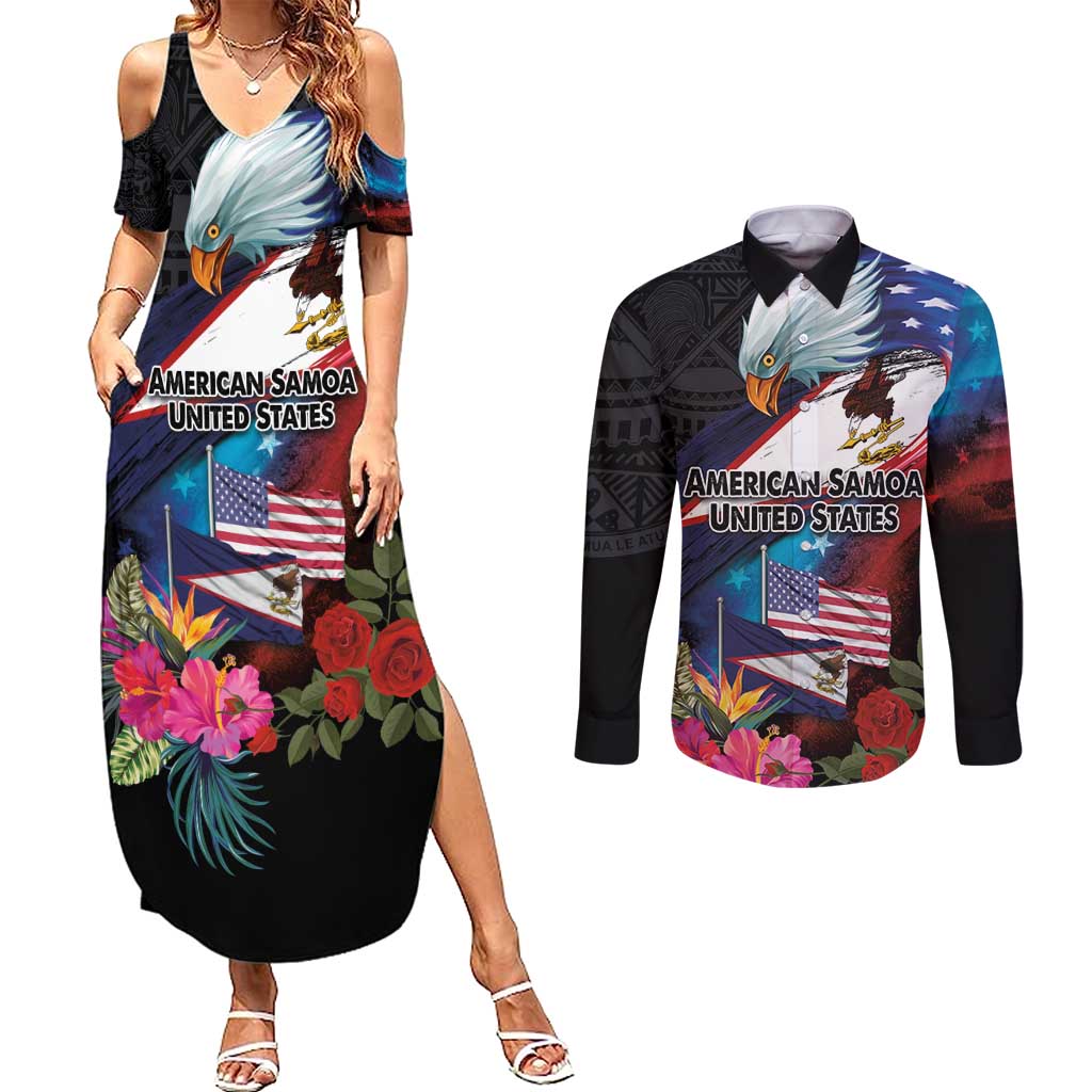 American Samoa and United States Together Couples Matching Summer Maxi Dress and Long Sleeve Button Shirt National Flag with Eagle-Hibiscus and Rose LT03 Black - Polynesian Pride