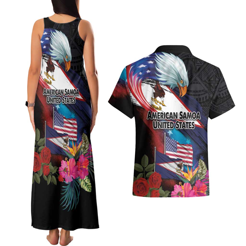 American Samoa and United States Together Couples Matching Tank Maxi Dress and Hawaiian Shirt National Flag with Eagle-Hibiscus and Rose