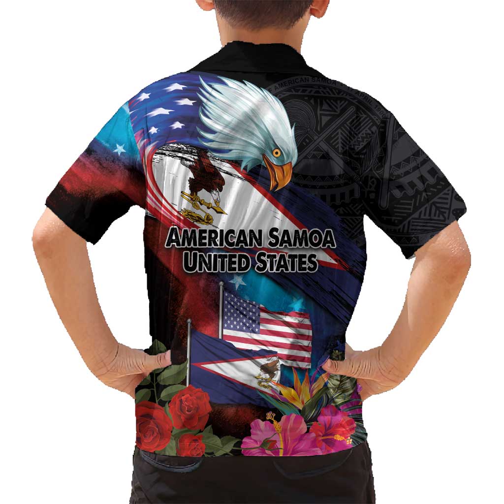 American Samoa and United States Together Family Matching Long Sleeve Bodycon Dress and Hawaiian Shirt National Flag with Eagle-Hibiscus and Rose