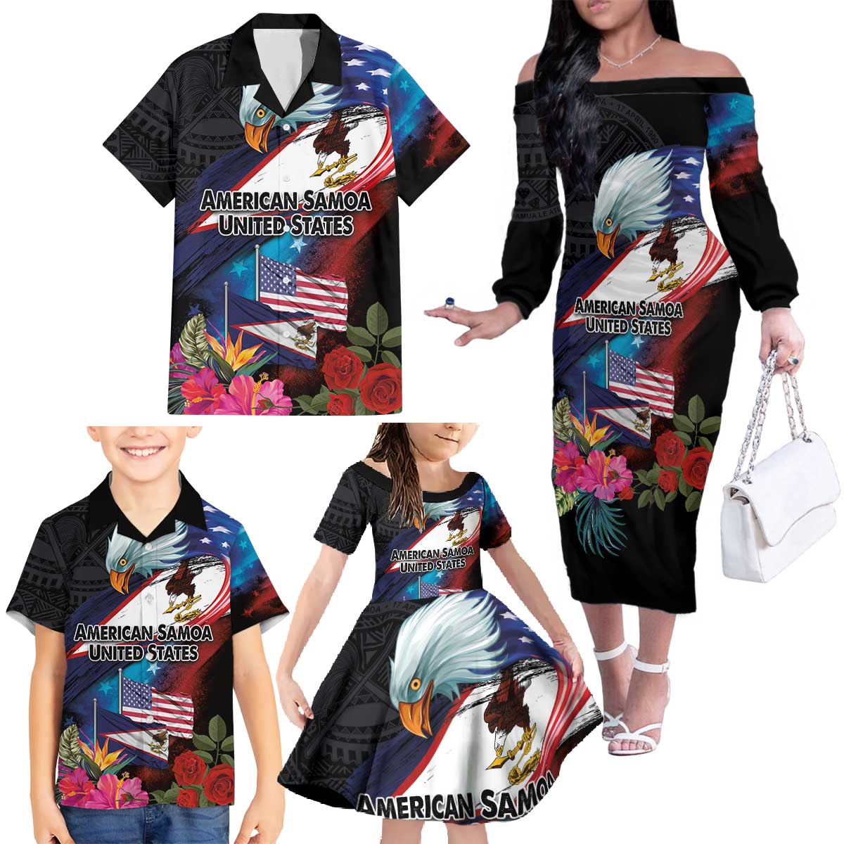 American Samoa and United States Together Family Matching Off The Shoulder Long Sleeve Dress and Hawaiian Shirt National Flag with Eagle-Hibiscus and Rose