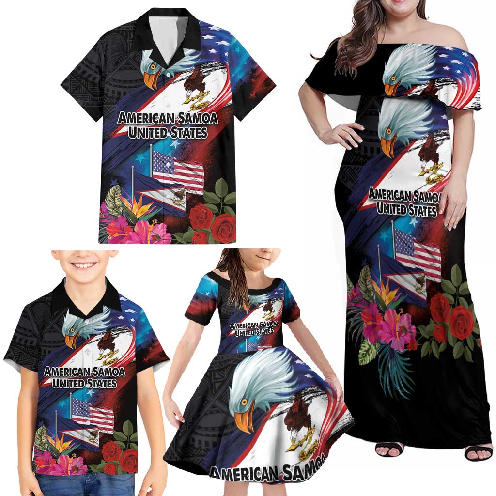 American Samoa and United States Together Family Matching Off Shoulder Maxi Dress and Hawaiian Shirt National Flag with Eagle-Hibiscus and Rose